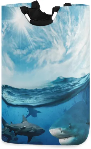 visesunny Sea Whale with Sunlight Large Laundry Hamper with Handle Foldable Durable Clothes Hamper Laundry Bag Toy Bin for Bathroom, Bedroom, Dorm, Travel
