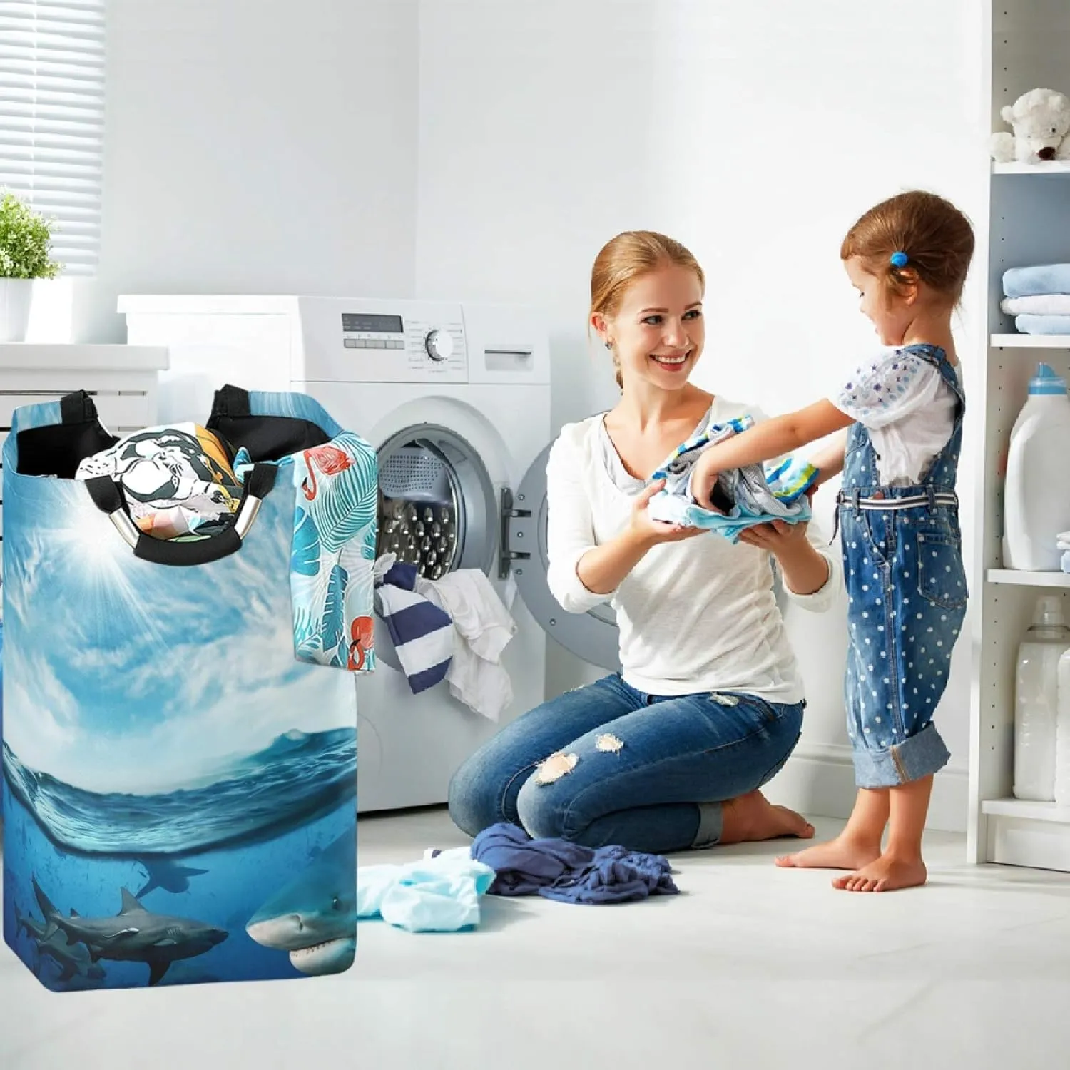 visesunny Sea Whale with Sunlight Large Laundry Hamper with Handle Foldable Durable Clothes Hamper Laundry Bag Toy Bin for Bathroom, Bedroom, Dorm, Travel