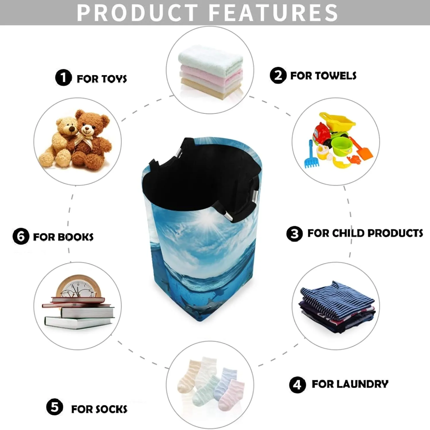 visesunny Sea Whale with Sunlight Large Laundry Hamper with Handle Foldable Durable Clothes Hamper Laundry Bag Toy Bin for Bathroom, Bedroom, Dorm, Travel
