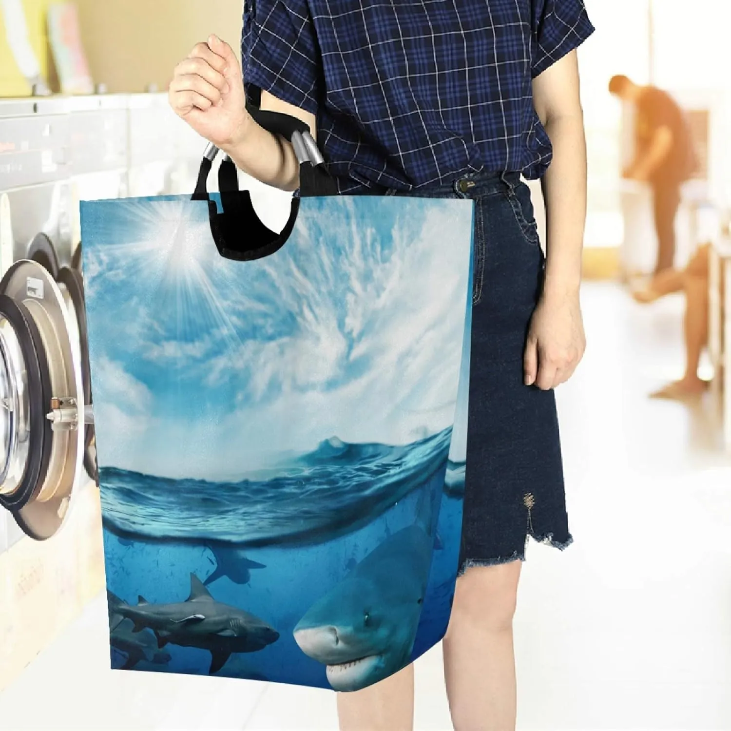 visesunny Sea Whale with Sunlight Large Laundry Hamper with Handle Foldable Durable Clothes Hamper Laundry Bag Toy Bin for Bathroom, Bedroom, Dorm, Travel