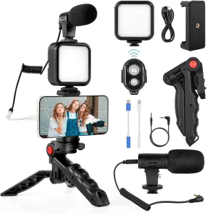 Vlogging Kit for iPhone, Android (with Tripod), with Mini LED Video Light   Cardioid Microphone   Phone Clip   Tripod for Video Calling, Vlogging, YouTube, Instagram, TikTok