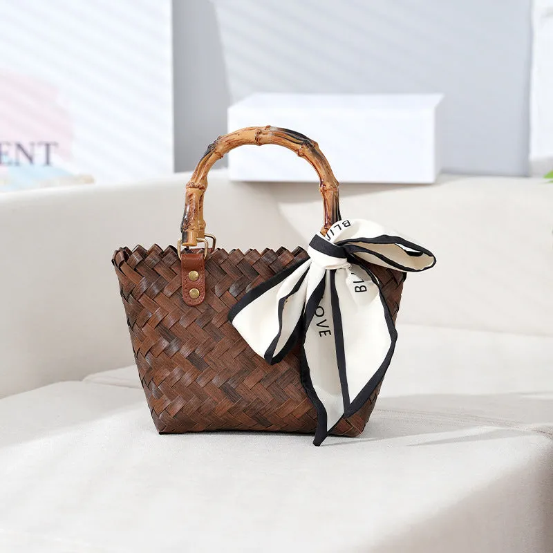 VLOVELAW Large Capacity Hand-Woven Bag Fashionable All-Match Woven Bag Vegetable Basket Retro Imitation Bamboo Handle Bag Beach Vacation Bag