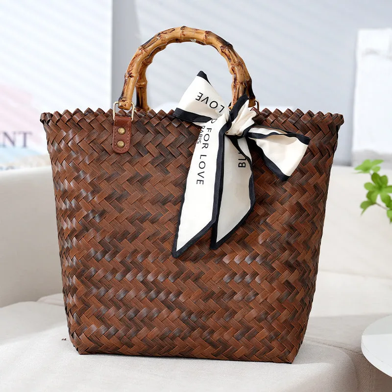 VLOVELAW Large Capacity Hand-Woven Bag Fashionable All-Match Woven Bag Vegetable Basket Retro Imitation Bamboo Handle Bag Beach Vacation Bag