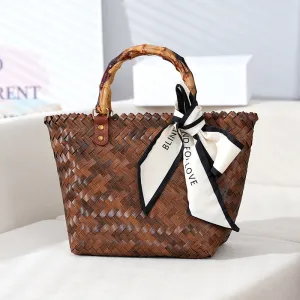 VLOVELAW Large Capacity Hand-Woven Bag Fashionable All-Match Woven Bag Vegetable Basket Retro Imitation Bamboo Handle Bag Beach Vacation Bag