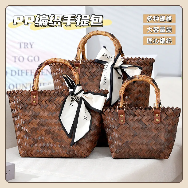 VLOVELAW Large Capacity Hand-Woven Bag Fashionable All-Match Woven Bag Vegetable Basket Retro Imitation Bamboo Handle Bag Beach Vacation Bag
