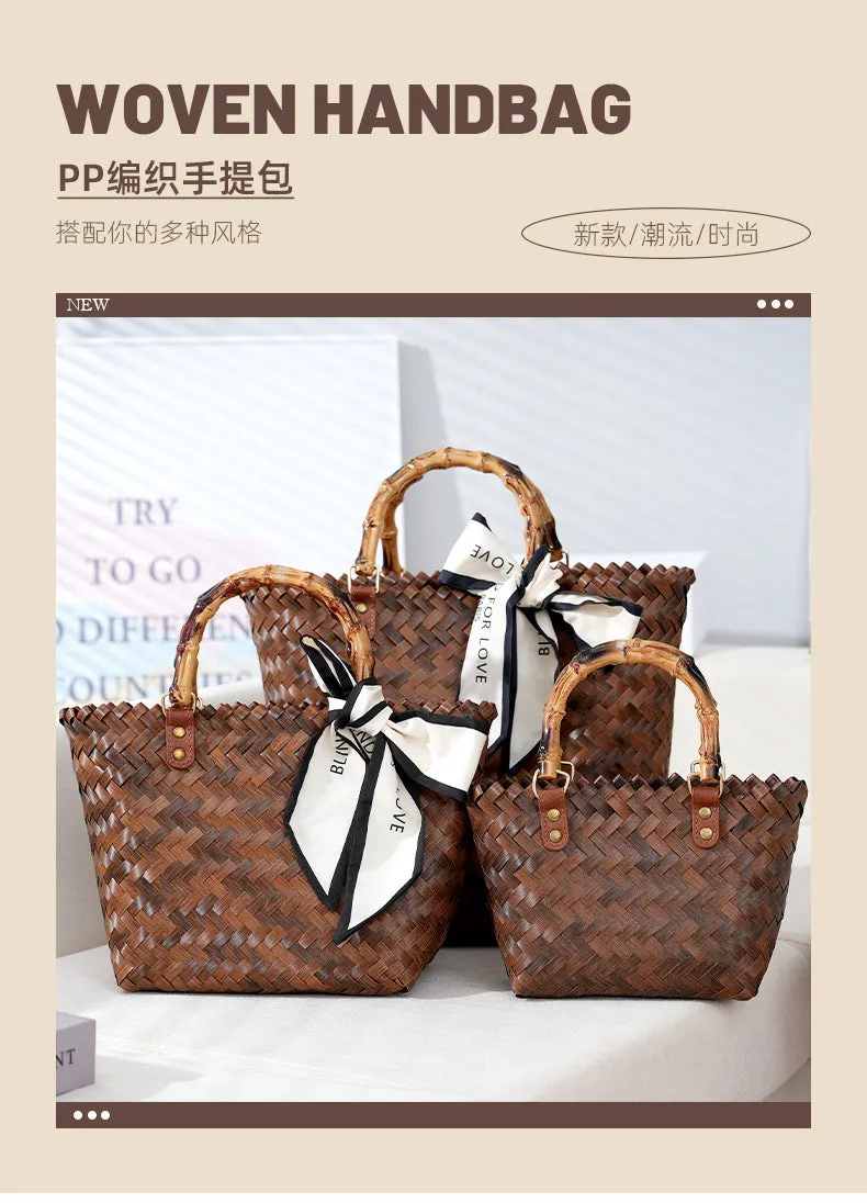 VLOVELAW Large Capacity Hand-Woven Bag Fashionable All-Match Woven Bag Vegetable Basket Retro Imitation Bamboo Handle Bag Beach Vacation Bag