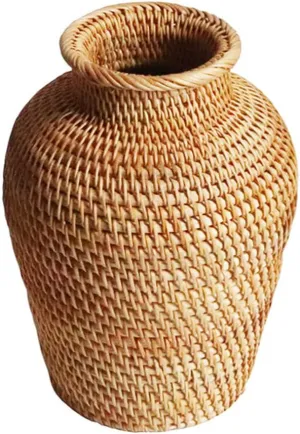 VOSAREA Rattan Vase Country Style Woven Plant Holder Basket Rustic Vase Hand Woven Dried Vase for Home Decoration