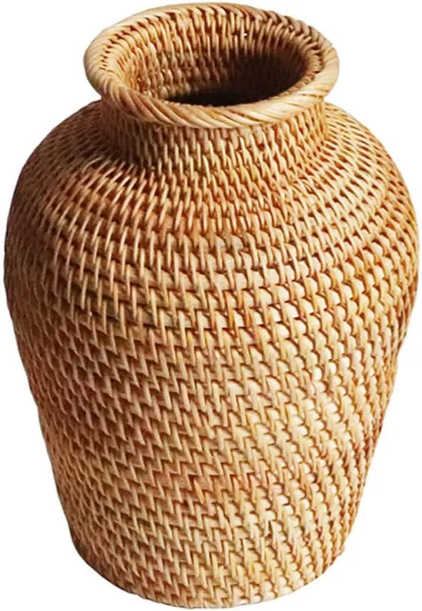 VOSAREA Rattan Vase Country Style Woven Plant Holder Basket Rustic Vase Hand Woven Dried Vase for Home Decoration