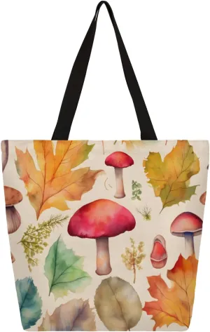 Watercolor Leaf Mushrooms Large Capacity Canvas Tote Bag Stylish Handheld Shoulder Bag Reusable Shopping Bag for Work Travel Beach Trips Shopping