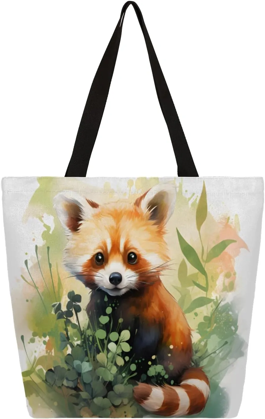 Watercolour Raccoon Large Capacity Canvas Tote Bag Stylish Handheld Shoulder Bag Reusable Shopping Bag for Work Travel Beach Trips Shopping