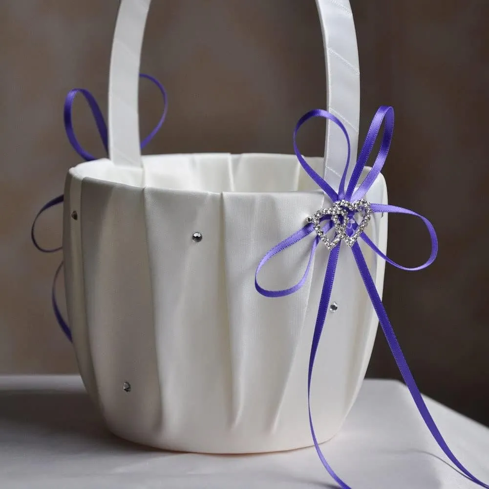 Wedding Basket Ring Pillow Flower Storage Basket Flower Girl Basket with Heart Buckle Satin Ribbons Hanging Basket for Wedding (D 13 * 22cm)