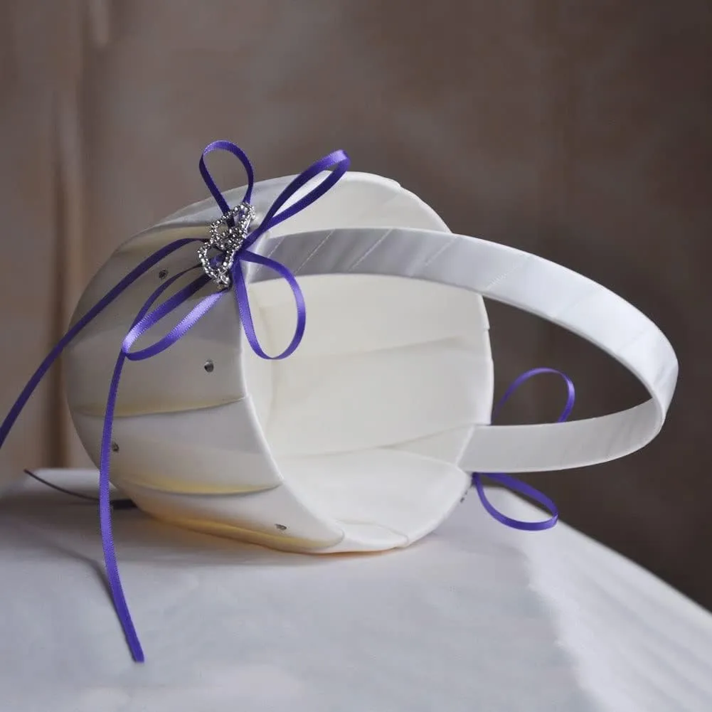 Wedding Basket Ring Pillow Flower Storage Basket Flower Girl Basket with Heart Buckle Satin Ribbons Hanging Basket for Wedding (D 13 * 22cm)