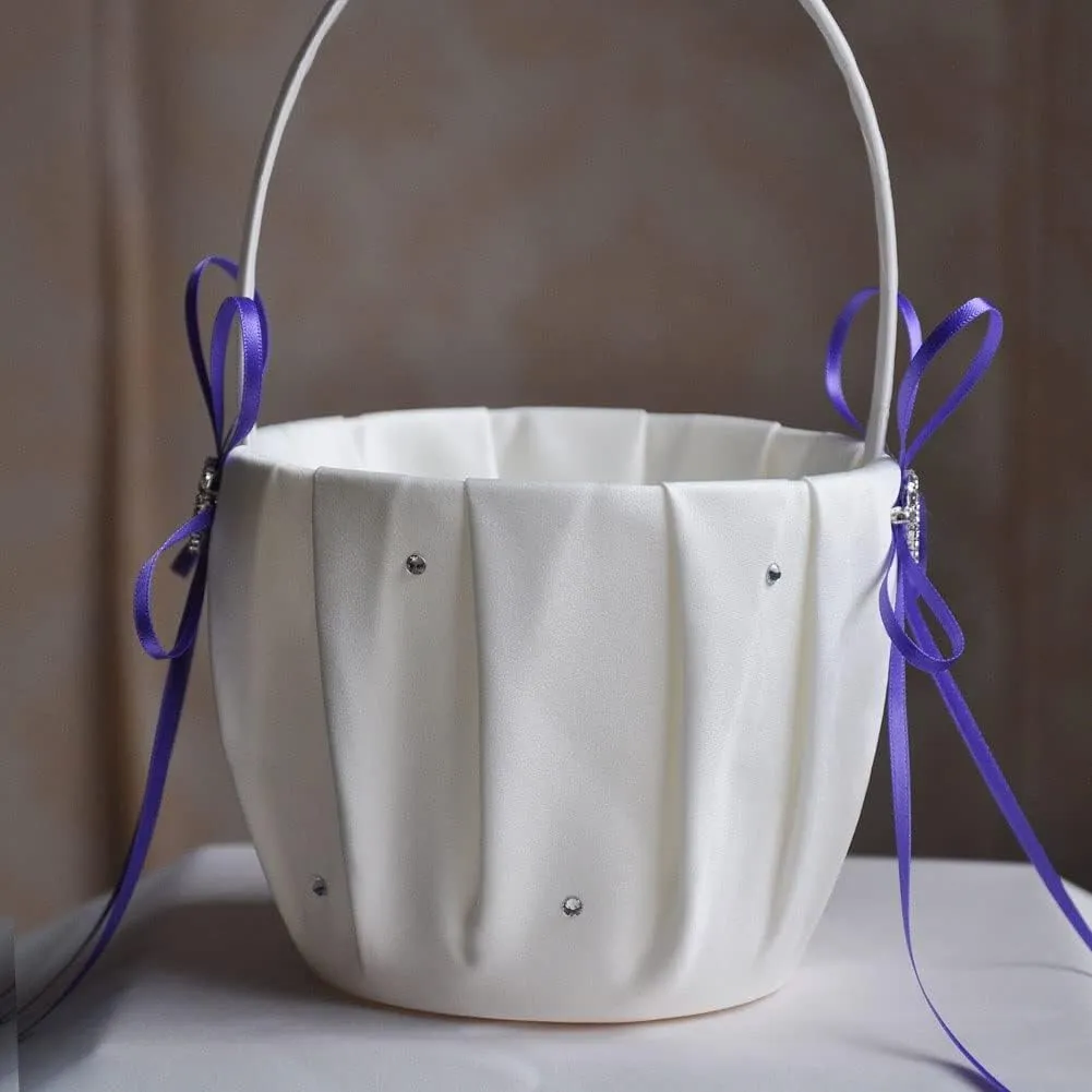Wedding Basket Ring Pillow Flower Storage Basket Flower Girl Basket with Heart Buckle Satin Ribbons Hanging Basket for Wedding (D 13 * 22cm)