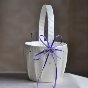 Wedding Basket Ring Pillow Flower Storage Basket Flower Girl Basket with Heart Buckle Satin Ribbons Hanging Basket for Wedding (D 13 * 22cm)