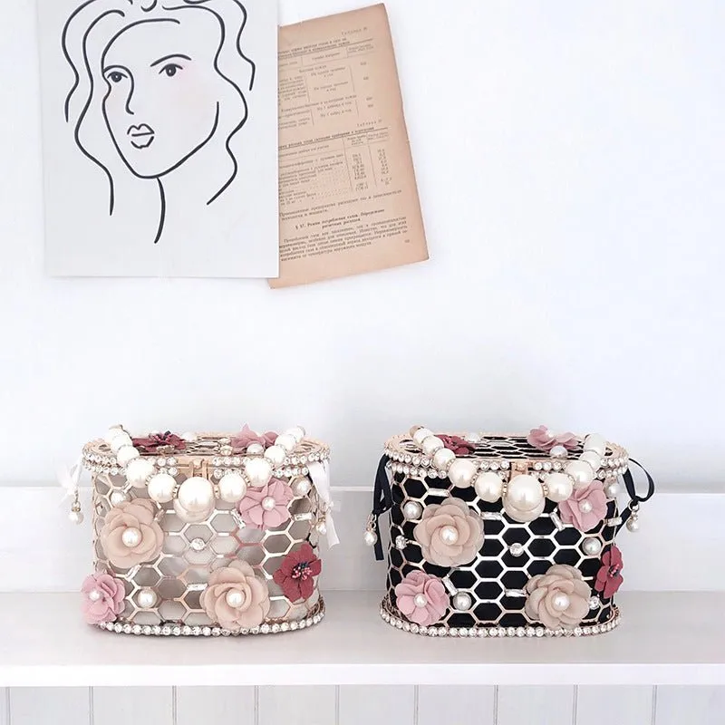 Wedding Clutch Purse Flower Pearl Handbag Rhinestone Bucket Bag