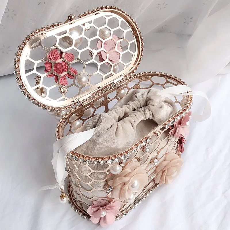 Wedding Clutch Purse Flower Pearl Handbag Rhinestone Bucket Bag