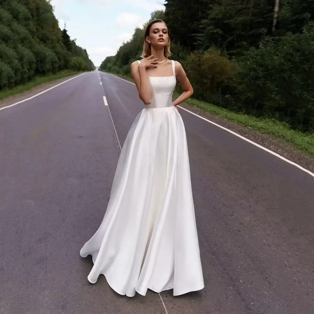 Wedding Dress for Bride 2025 Boho Beach Spaghetti Straps A Line V Neck Satin Bidal Gowns with Train