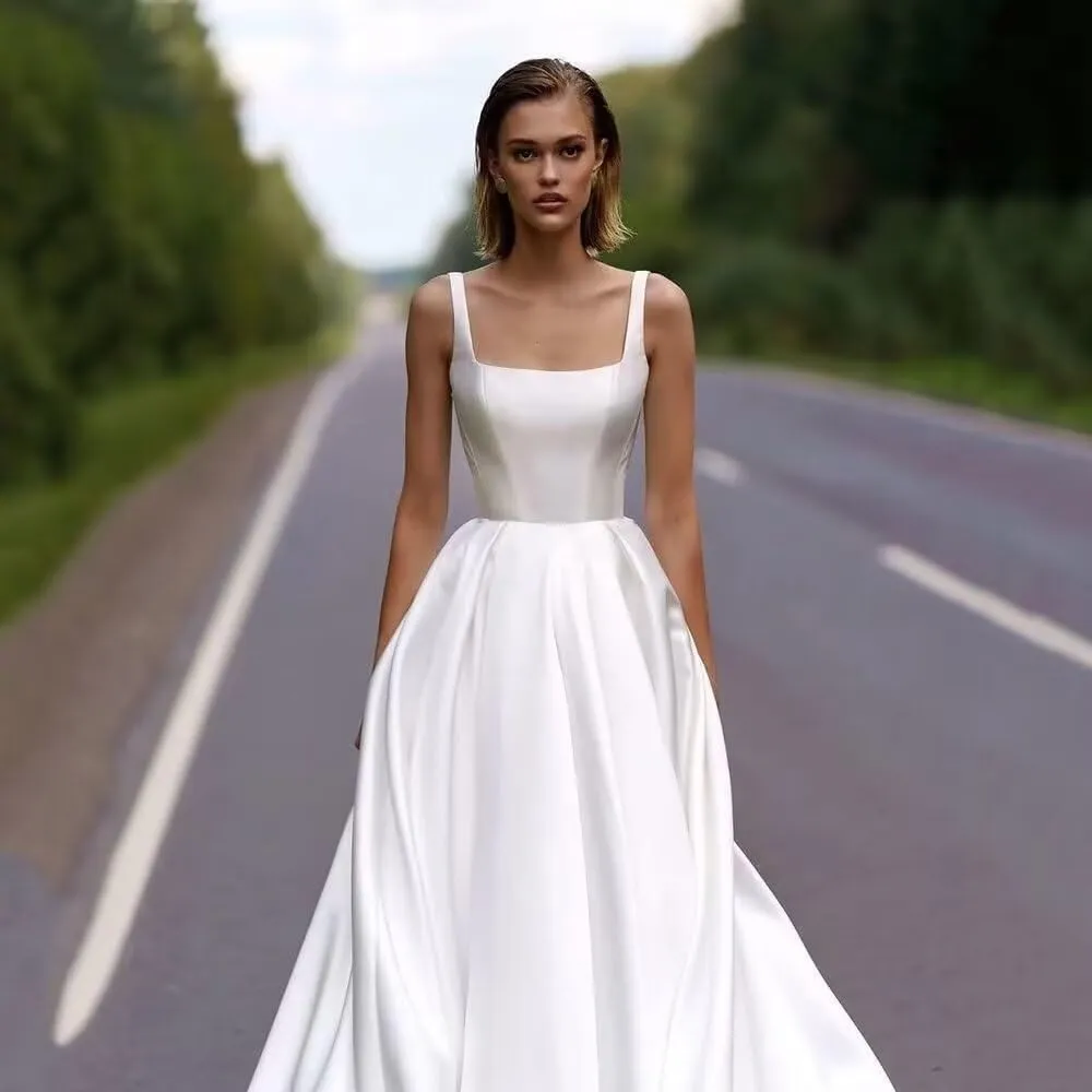 Wedding Dress for Bride 2025 Boho Beach Spaghetti Straps A Line V Neck Satin Bidal Gowns with Train