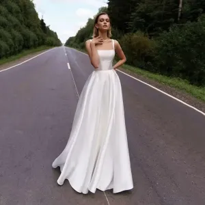 Wedding Dress for Bride 2025 Boho Beach Spaghetti Straps A Line V Neck Satin Bidal Gowns with Train