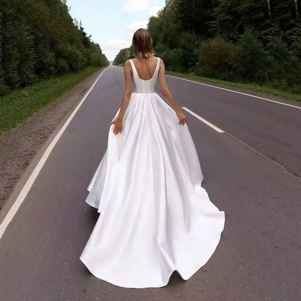 Wedding Dress for Bride 2025 Boho Beach Spaghetti Straps A Line V Neck Satin Bidal Gowns with Train