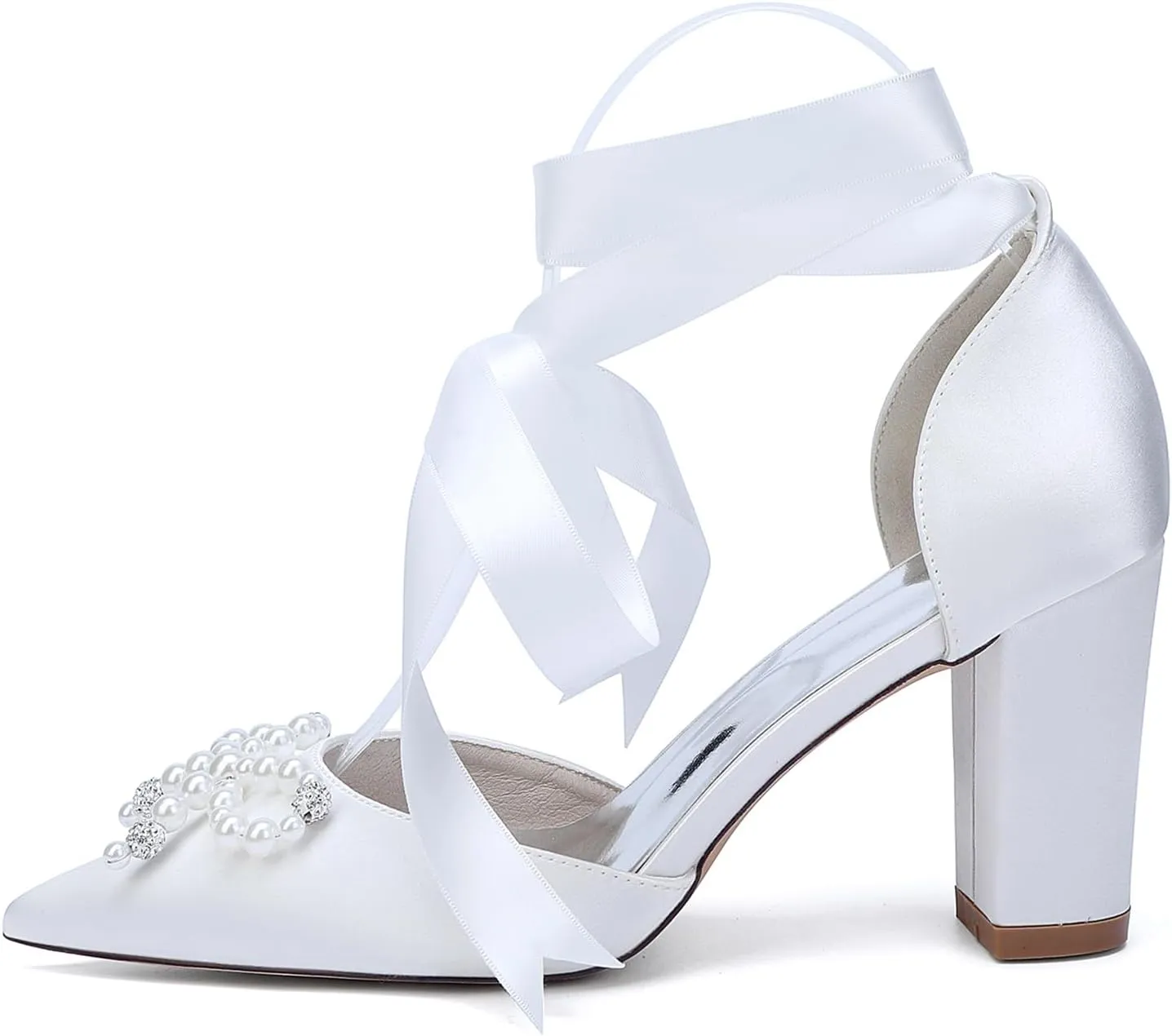 Wedding Shoes 8.5CM Pearl Rhinestones Pointed Toe Bridal Women Satin Block Heel Strappy Shoes for Prom Party Pumps Closed Toe