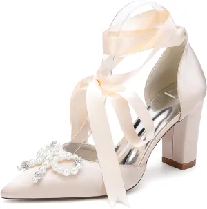 Wedding Shoes 8.5CM Pearl Rhinestones Pointed Toe Bridal Women Satin Block Heel Strappy Shoes for Prom Party Pumps Closed Toe