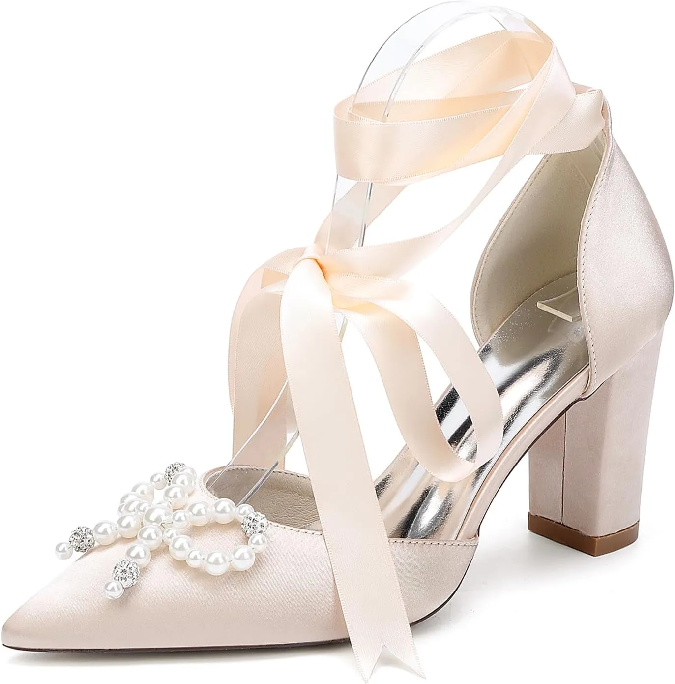 Wedding Shoes 8.5CM Pearl Rhinestones Pointed Toe Bridal Women Satin Block Heel Strappy Shoes for Prom Party Pumps Closed Toe