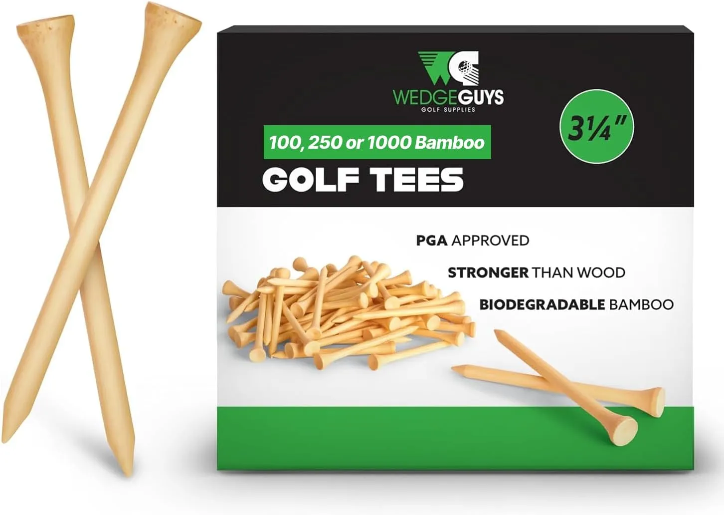 Wedge Guys Bamboo Golf Tees 3-1/4" | 100,250 or 1000 pcs. | Extra Durable & Stronger Than Wood Tees | Biodegradable & Less Friction | PGA Professional Approved, Golf Tees Bulk Bag