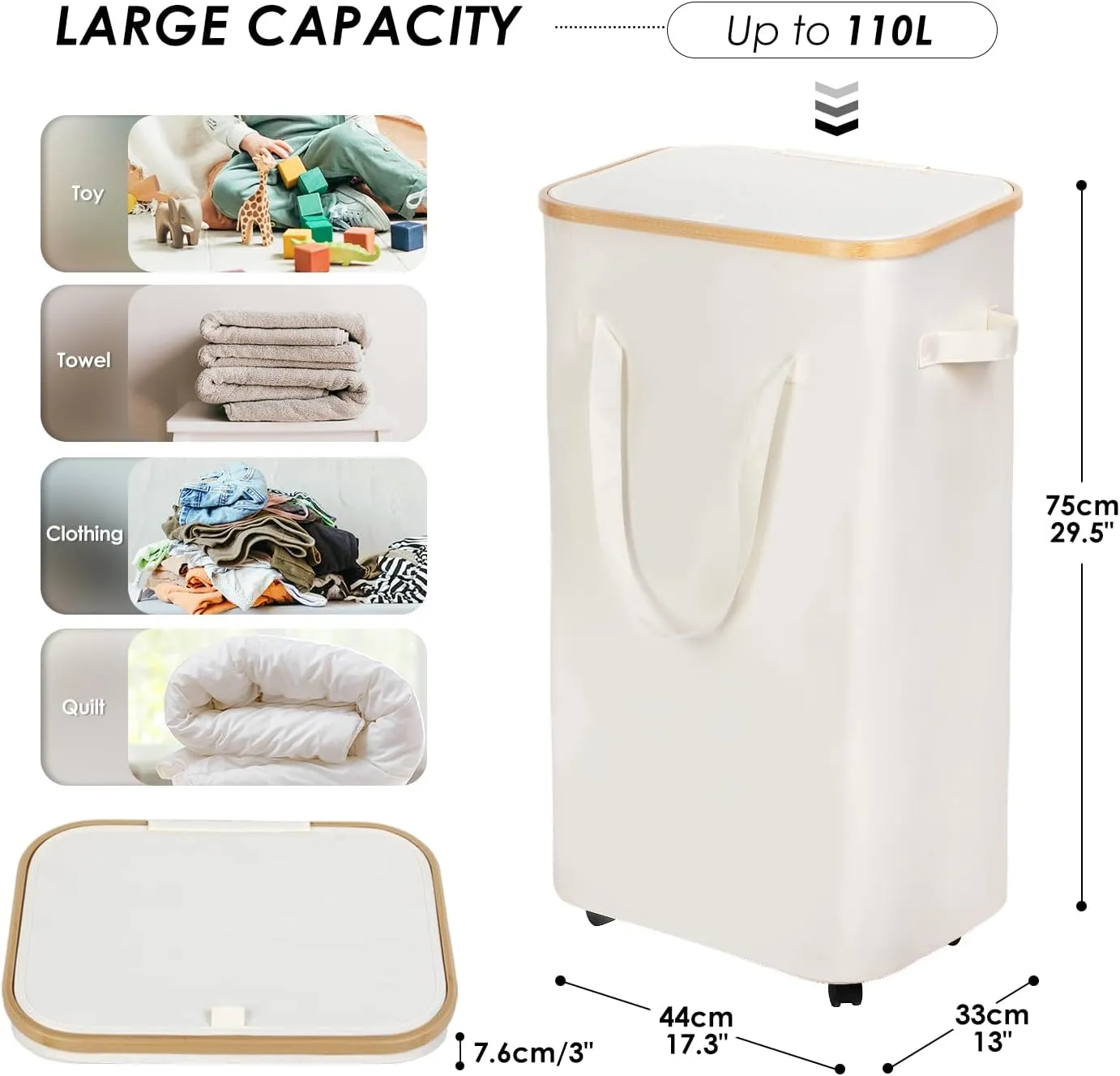WELTRXE Laundry Basket with Wheels, 110L Large Clothes Hamper for Laundry, Collapsible & Waterproof Laundry Hamper with Lid and Removable Inner Bag, for Laundry Room, Bedroom, Dormitory Storage, Beige