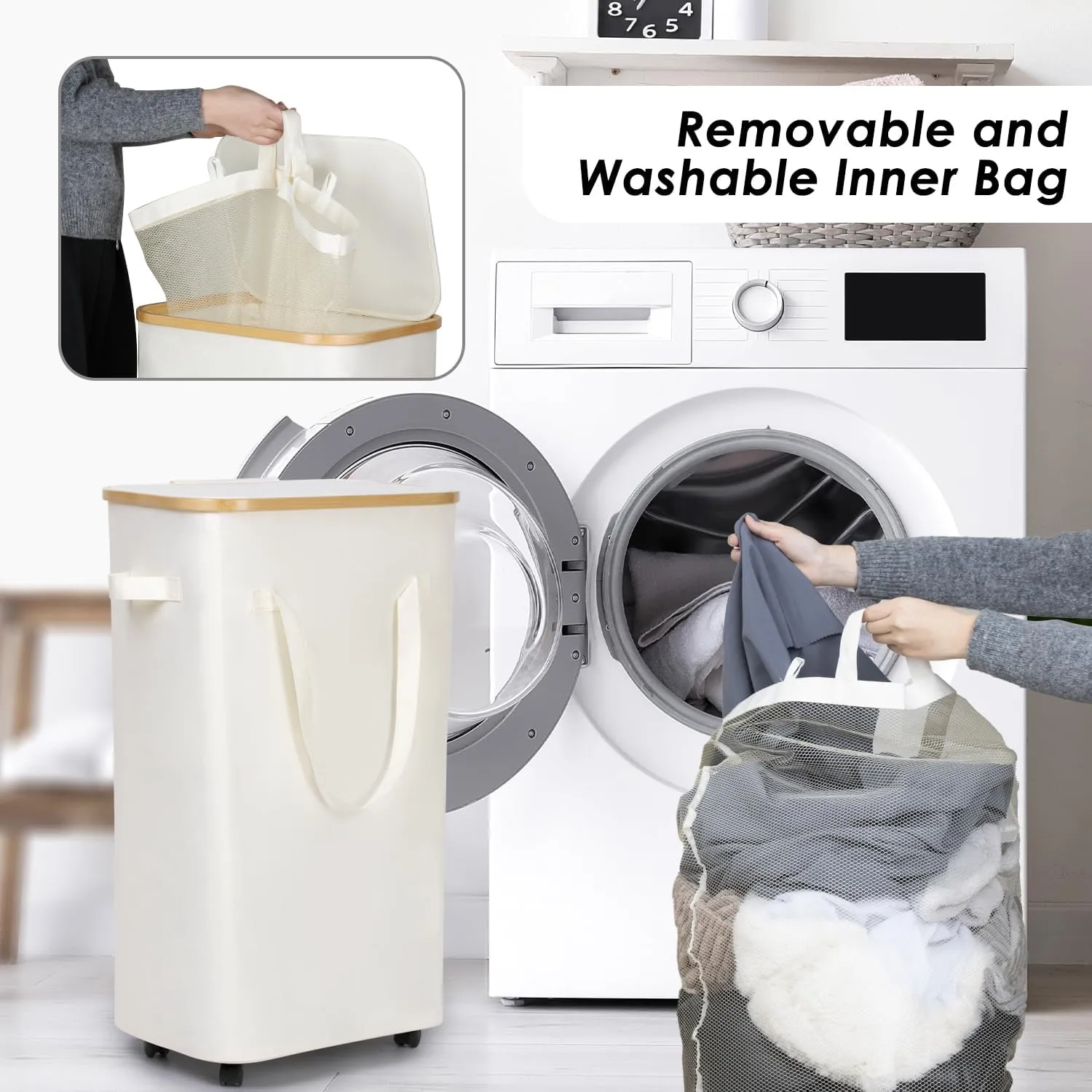 WELTRXE Laundry Basket with Wheels, 110L Large Clothes Hamper for Laundry, Collapsible & Waterproof Laundry Hamper with Lid and Removable Inner Bag, for Laundry Room, Bedroom, Dormitory Storage, Beige
