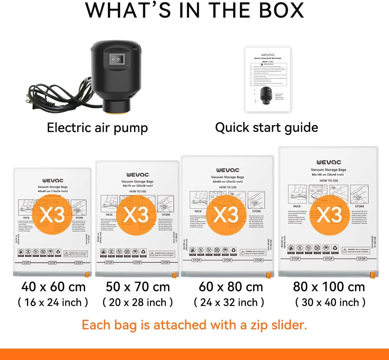 Wevac Combo Vacuum Storage Bag (3 Jumbo, 3 Large, 3 Medium, 3 Small),Space Saver with Premium Electric Pump,Double Zip Seal,Special-Grip Clip,Ideal for Clothes, Blanket Compression and Travelling