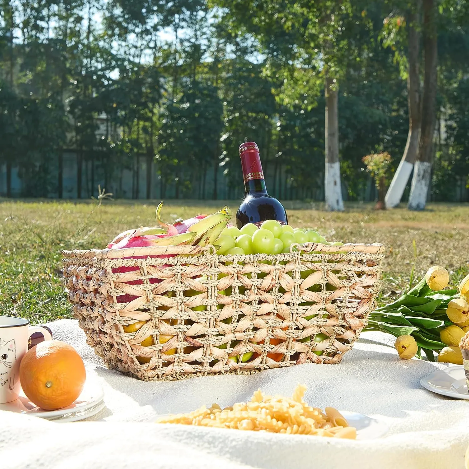 Wicker Picnic Basket with Handles, Wicker Baskets with Wooden Base for Picnic, Camping & Storage Basket