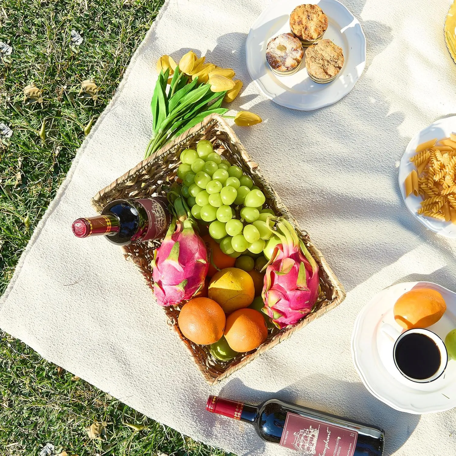Wicker Picnic Basket with Handles, Wicker Baskets with Wooden Base for Picnic, Camping & Storage Basket