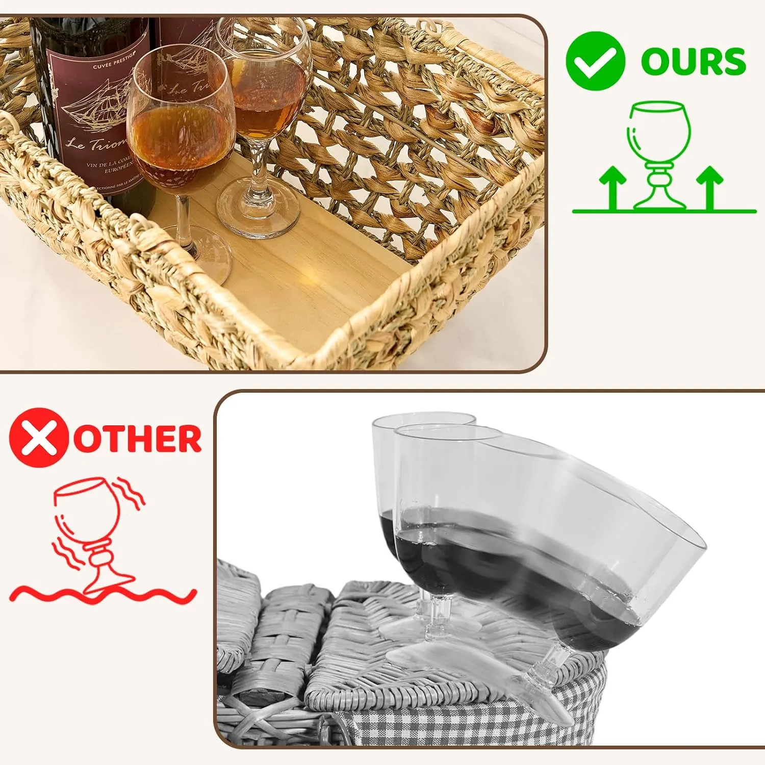 Wicker Picnic Basket with Handles, Wicker Baskets with Wooden Base for Picnic, Camping & Storage Basket