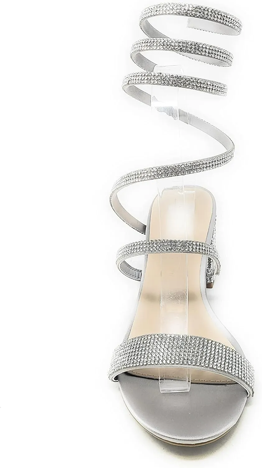 Wild Diva Women's Larina-192 Rhinestone Spiral Ankle Strap Low Block Heeled Sandals Heels