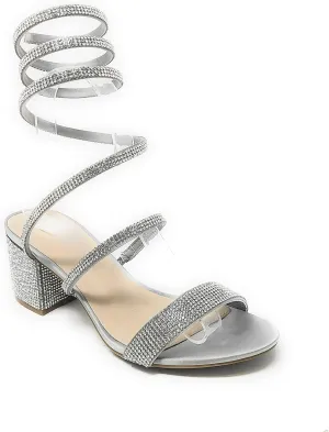 Wild Diva Women's Larina-192 Rhinestone Spiral Ankle Strap Low Block Heeled Sandals Heels