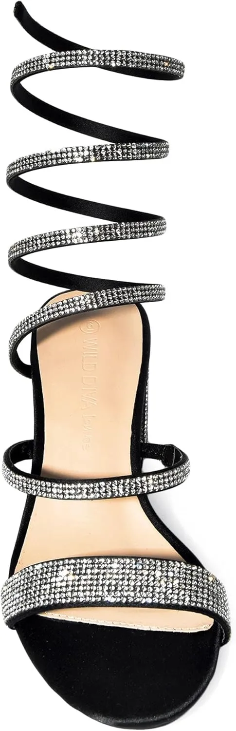 Wild Diva Women's Larina-192 Rhinestone Spiral Ankle Strap Low Block Heeled Sandals Heels