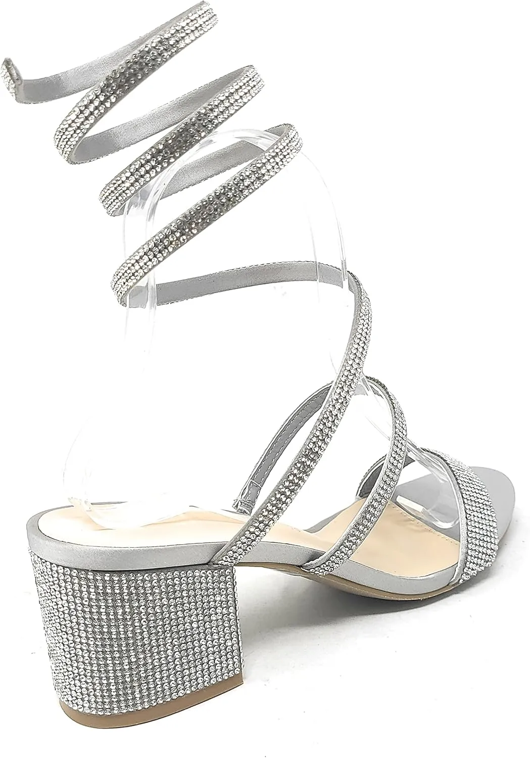 Wild Diva Women's Larina-192 Rhinestone Spiral Ankle Strap Low Block Heeled Sandals Heels