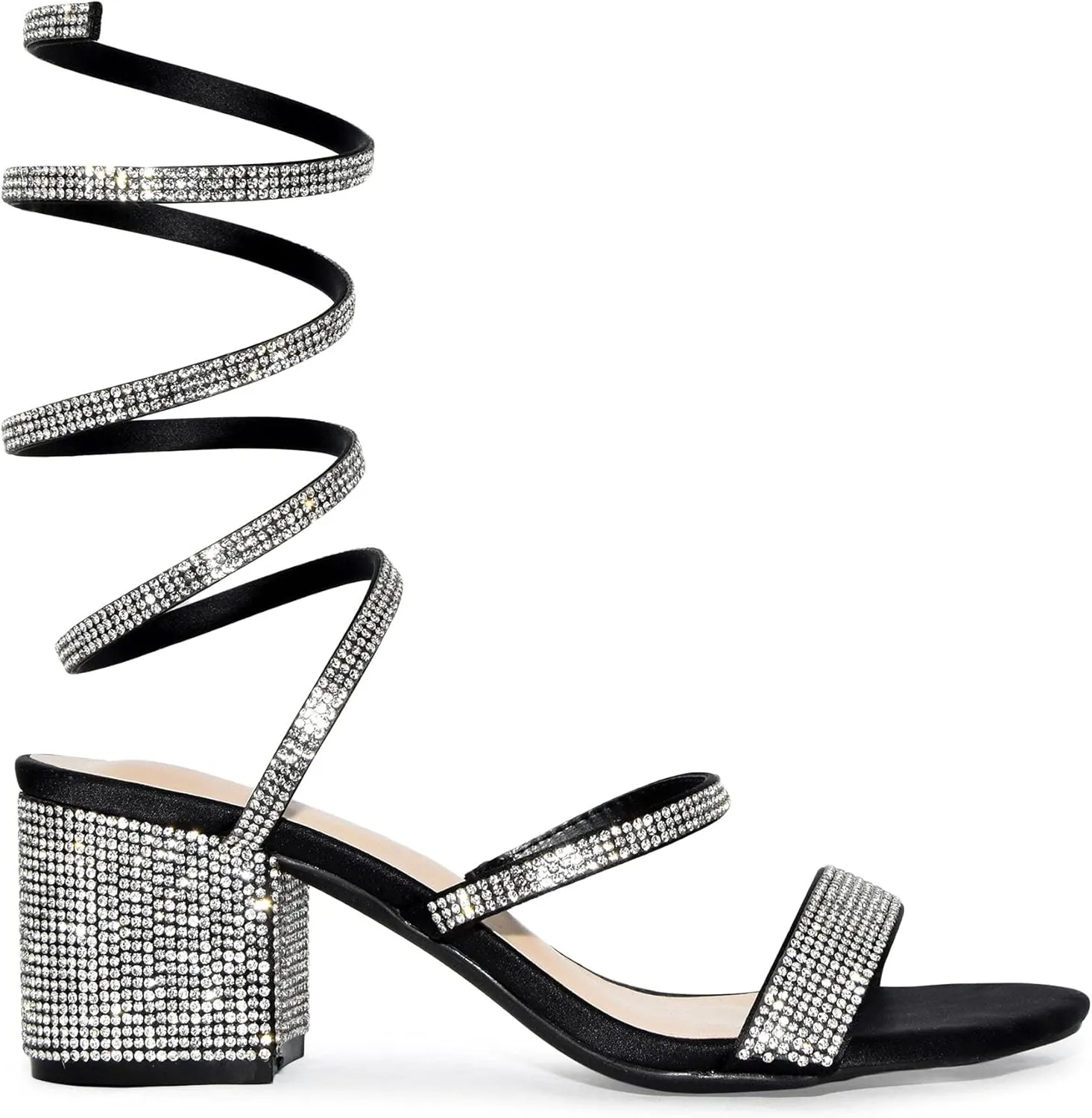 Wild Diva Women's Larina-192 Rhinestone Spiral Ankle Strap Low Block Heeled Sandals Heels