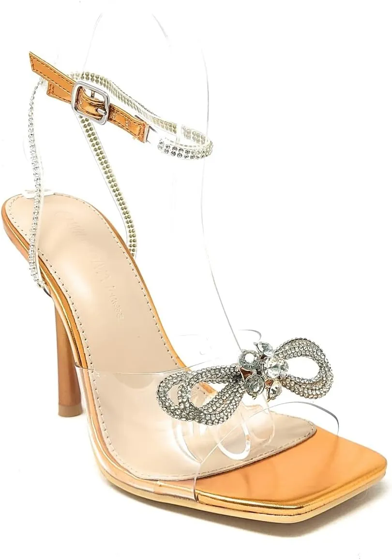 Wild Diva Women's Square Toe Rhinestone Embellished Straps & Bow Clear Vamp Formal Stiletto High Heels Narala-15