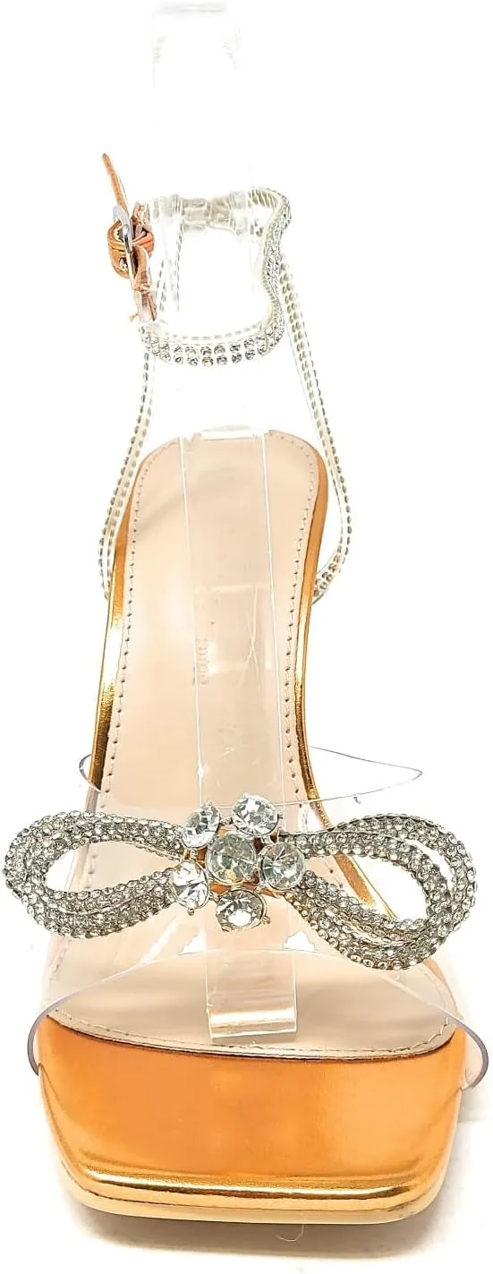 Wild Diva Women's Square Toe Rhinestone Embellished Straps & Bow Clear Vamp Formal Stiletto High Heels Narala-15