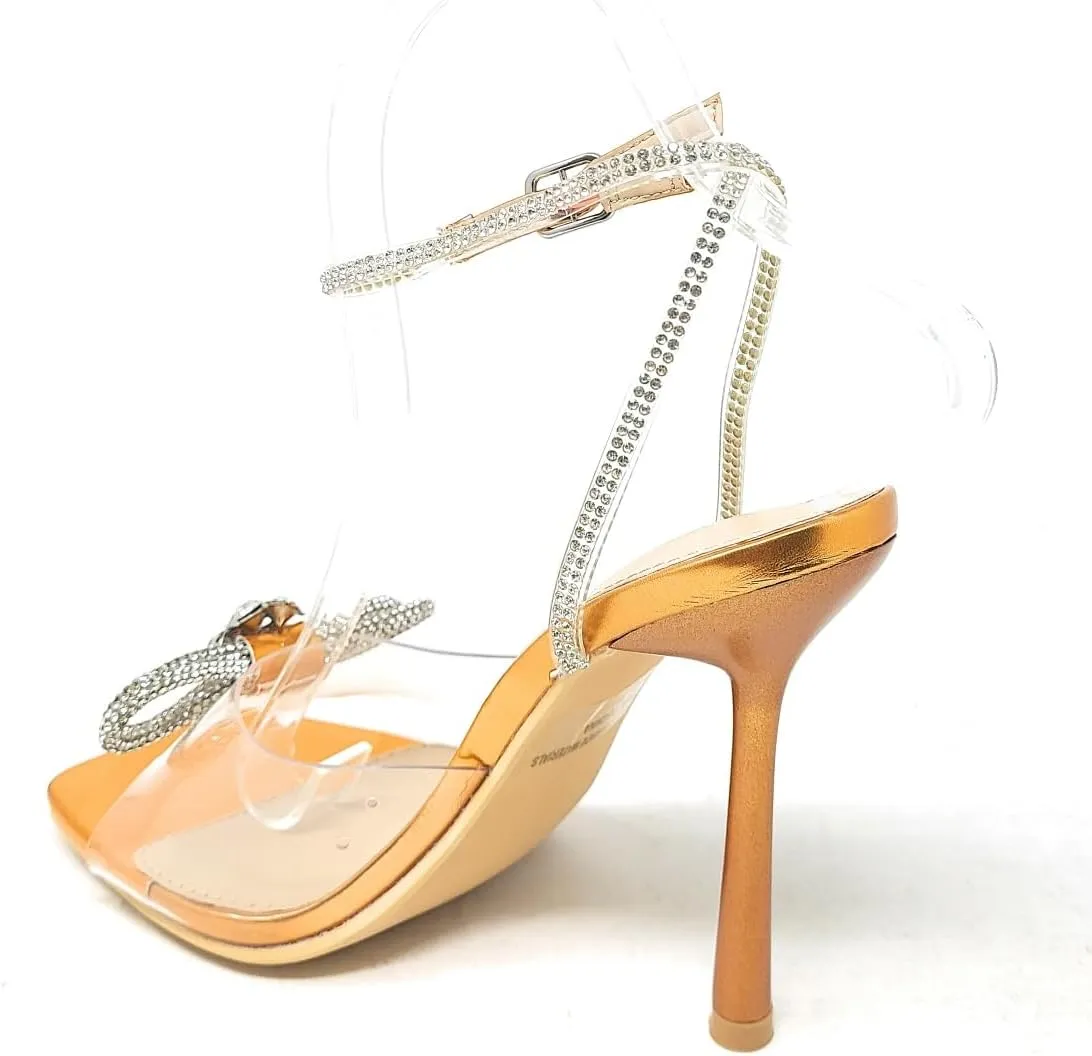 Wild Diva Women's Square Toe Rhinestone Embellished Straps & Bow Clear Vamp Formal Stiletto High Heels Narala-15