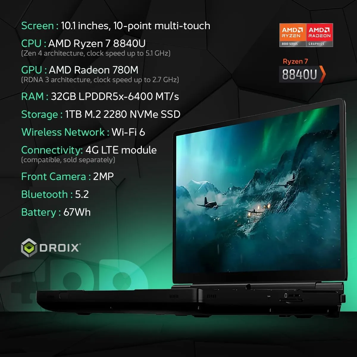 Win MAX 2 2024 Handheld Gaming PC with AMD Ryzen 7 8840U, Radeon 780M GPU, 32GB RAM, 1TB SSD, OcuLink, 10.1" IPS Display, Gaming Controls, Keyboard and touchpad