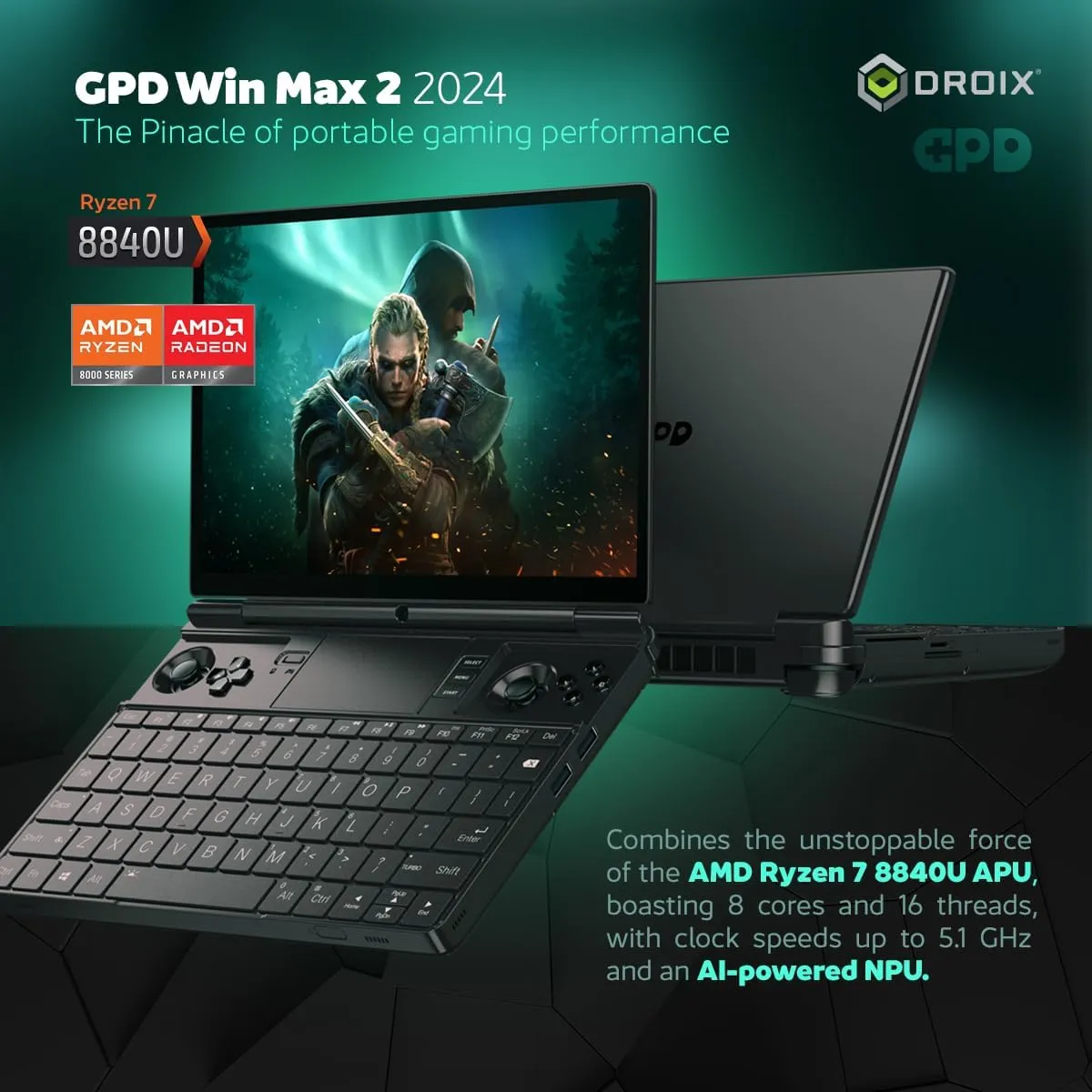 Win MAX 2 2024 Handheld Gaming PC with AMD Ryzen 7 8840U, Radeon 780M GPU, 32GB RAM, 1TB SSD, OcuLink, 10.1" IPS Display, Gaming Controls, Keyboard and touchpad