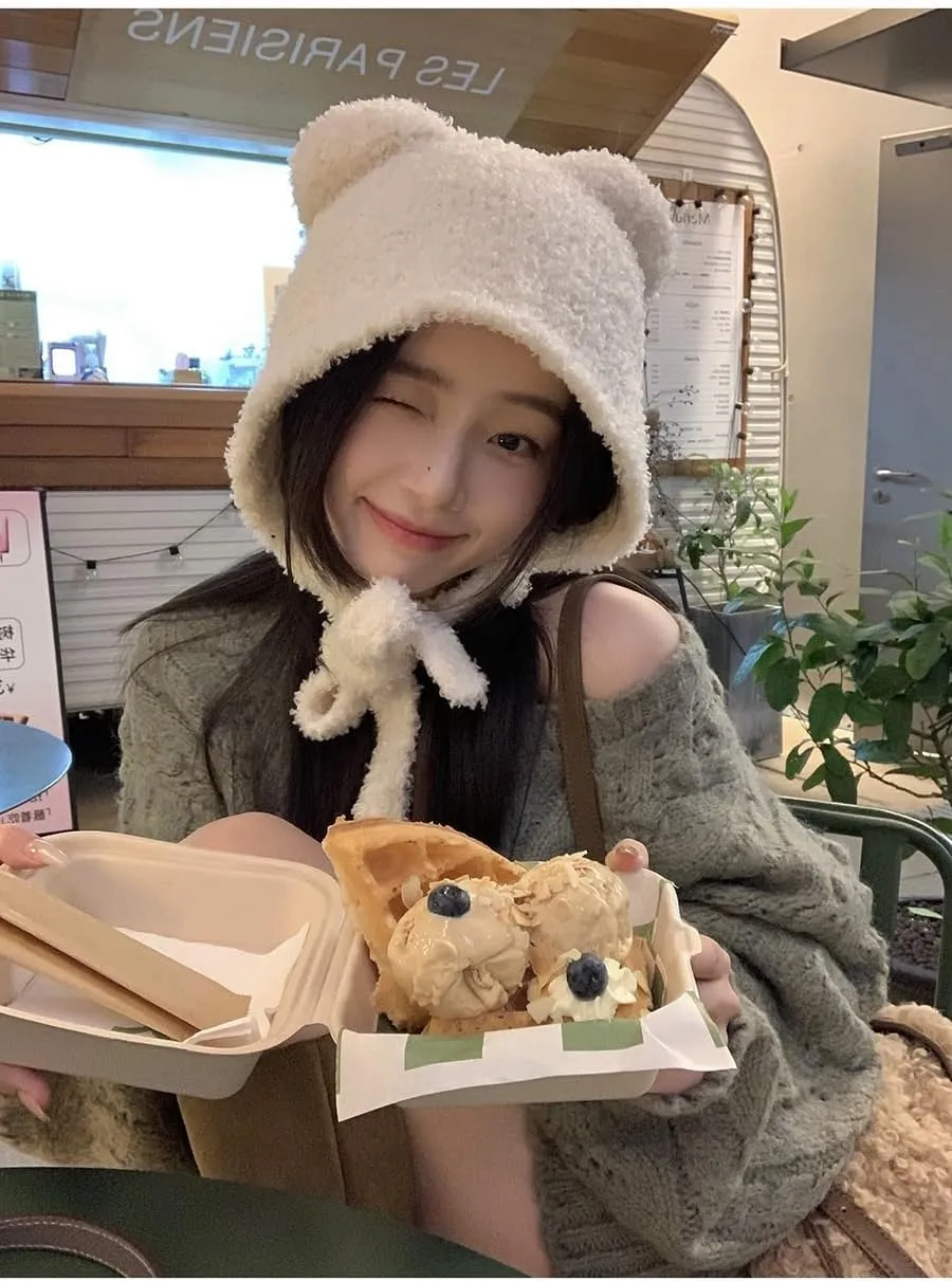 Winter Cute Super Soft Bear Ears Knit Hat Ear Flap Crochet Beanie Hat…