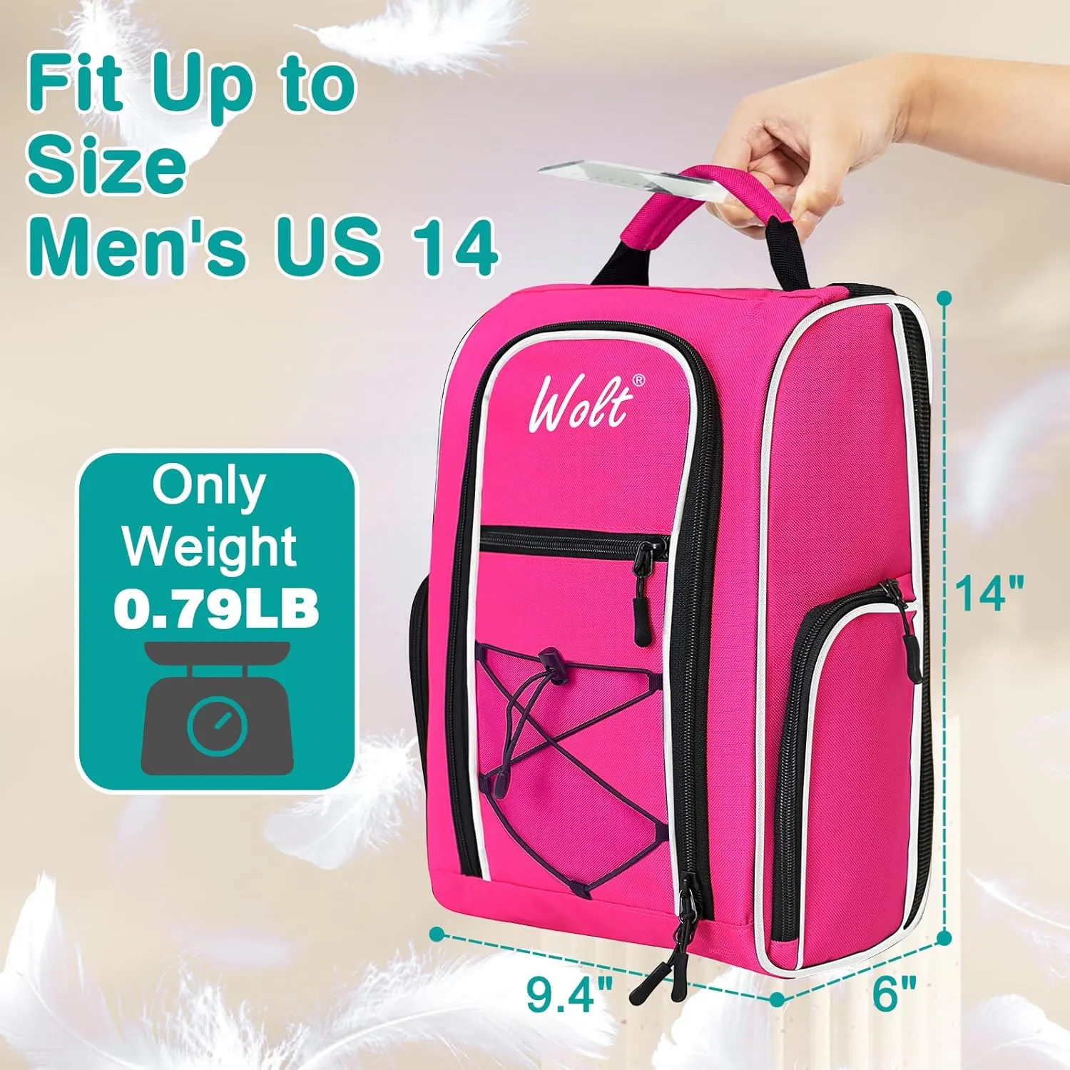 Wolt Golf Shoe Bag - Sports & Travel Shoes Carrier Bags with Ventilation & Double Outside Accessory Pocket for Socks, Tees, Golf Balls, etc. for women and men (Pink)