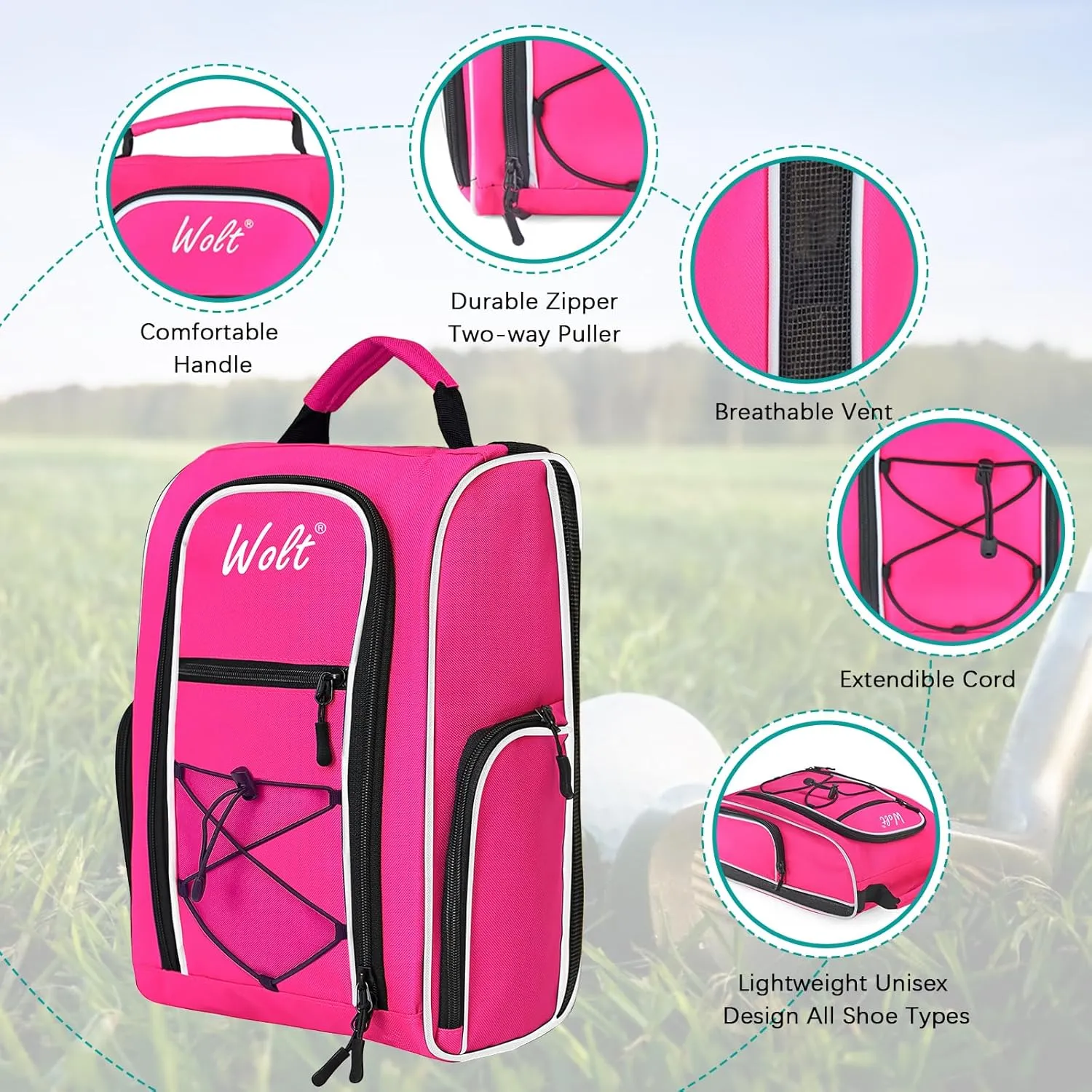 Wolt Golf Shoe Bag - Sports & Travel Shoes Carrier Bags with Ventilation & Double Outside Accessory Pocket for Socks, Tees, Golf Balls, etc. for women and men (Pink)