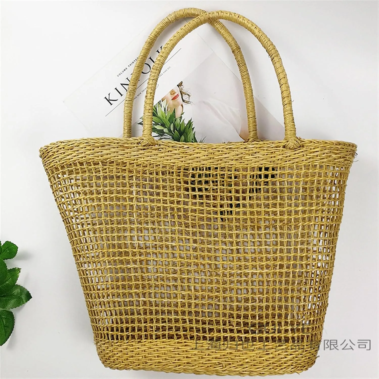 WOLWES Weaving Bag Ultra -fire Hollow Woven Hand -Raised Woven Bag Ducts and Basket Yellow Grass Editing Bag