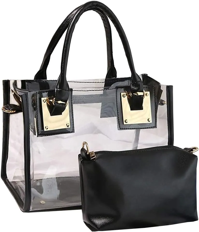 Women 2Pcs Small Tote Clear Shoulder Top-handle Bag PVC Satchel Candy Handbag Clutch Purse Wallet