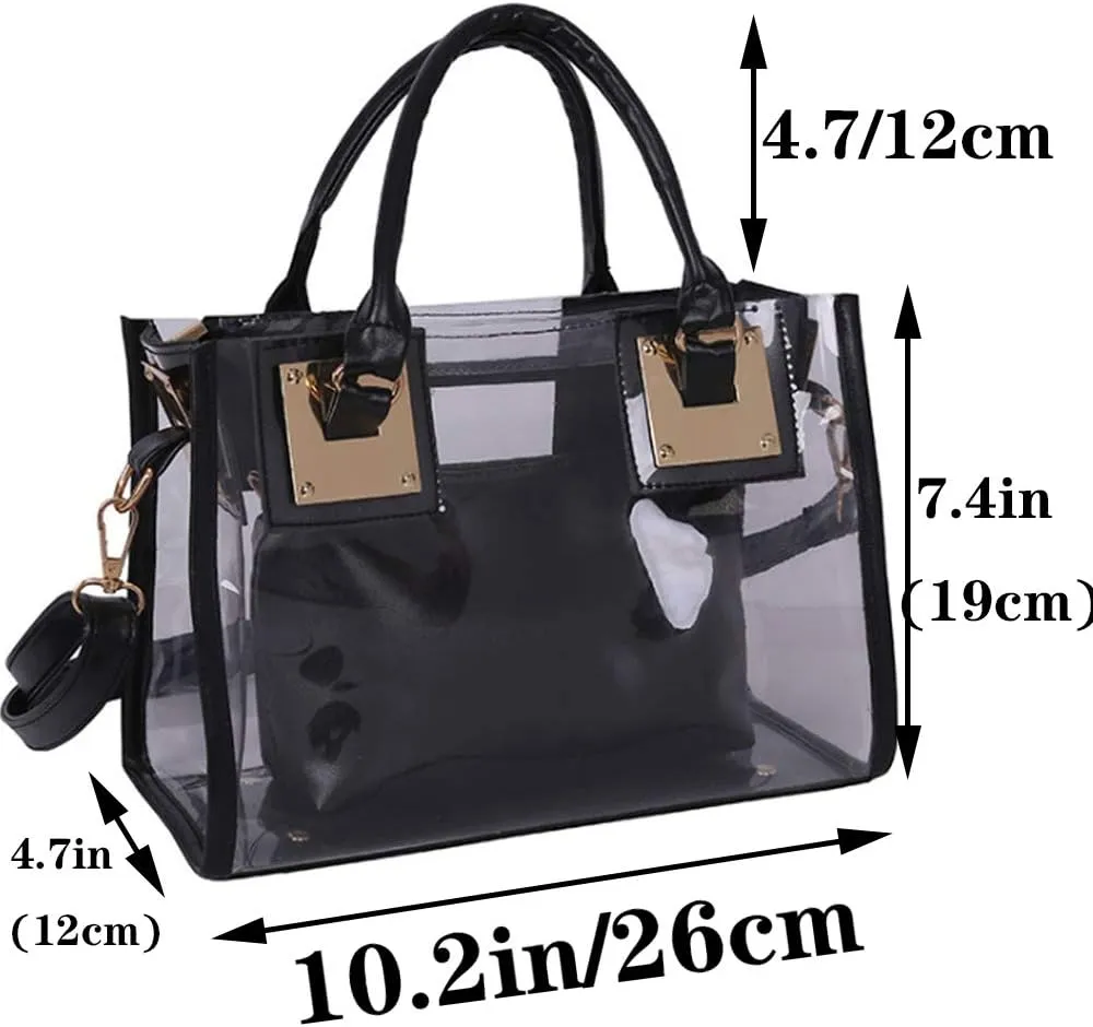 Women 2Pcs Small Tote Clear Shoulder Top-handle Bag PVC Satchel Candy Handbag Clutch Purse Wallet